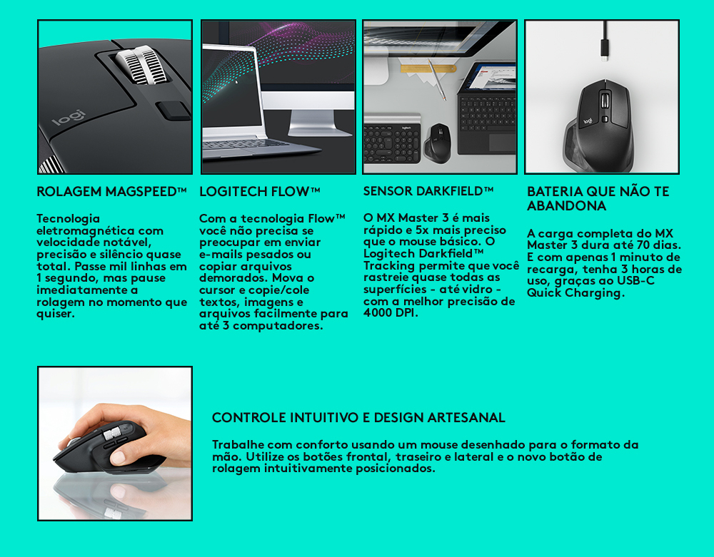 Mouse Logitech MX Master 3 Sem Fio Recarregável Tecnologia Flow Unifying 4000DPI - 910-005647